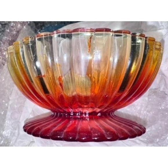 Unmarked Other - Vintage Amberina Glass Orange Sunset Candy Dish Compote Ribbed Footed Design